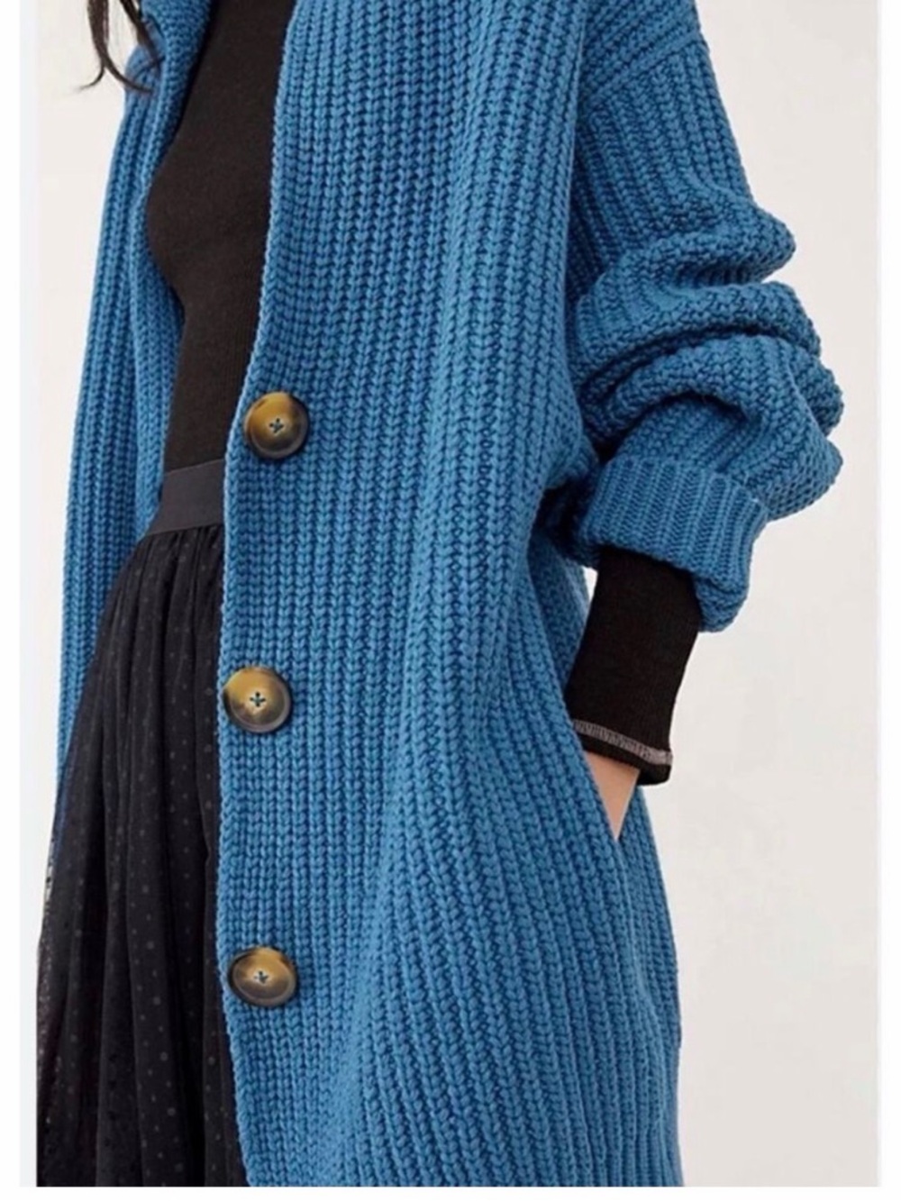 Free People Teal Blue Chunky Knit Button Cardigan